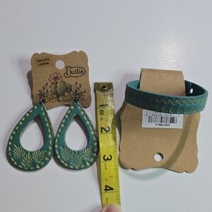 NWT Justin Genuine Leather Turquoise Teardrop Earrings And Braclet Set